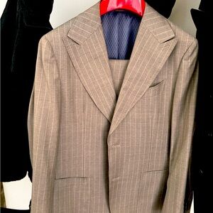 SUITSUPPLY custom made suit. 40S base. Taupe stripe wool slim fit suit.